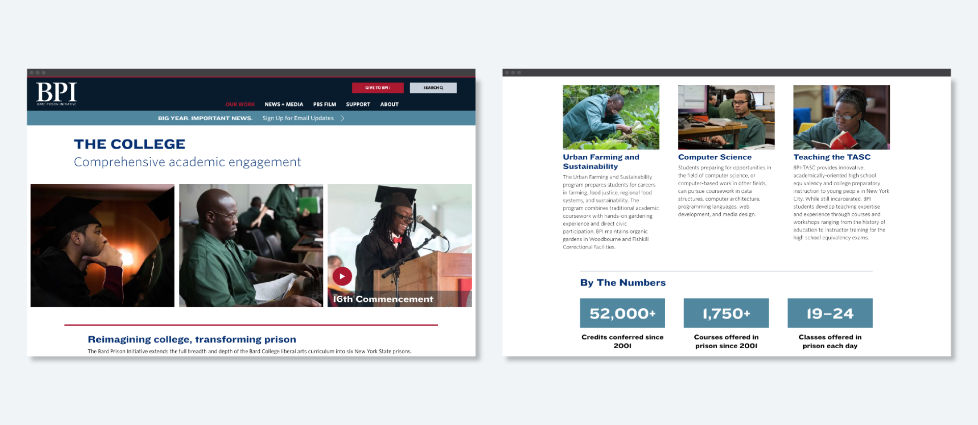 Screens from the BPI website featuring information about