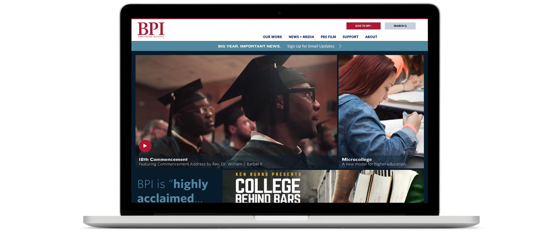 Laptop displaying BPI homepage that features an image of a commencement ceremony, a student writing at a desk, and art for the