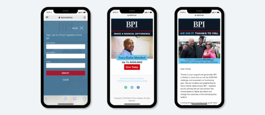Three iPhones displaying the BPI email list signup screen, an eBlast promoting a giving campaign, and a second eBlast thanking donors for their support.