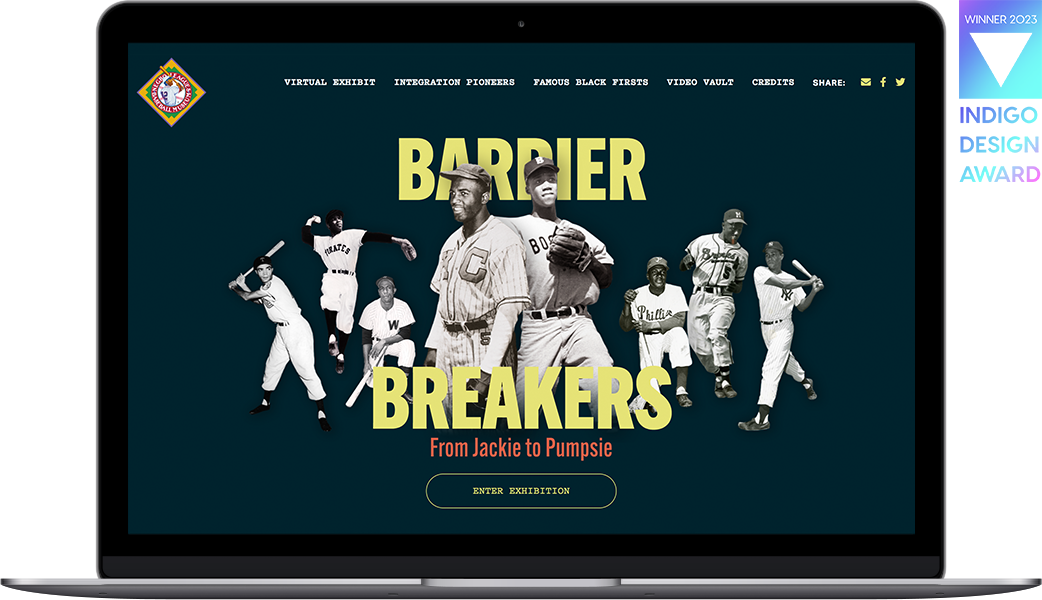 Barrier Breakers website homepage with 2023 Indigo Award badge.