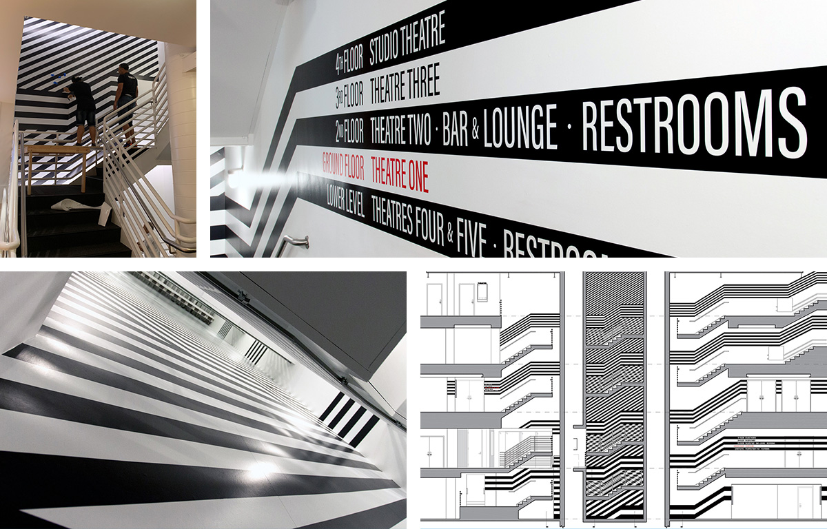 Various angles of the line work art in Theater Row's stairwell.