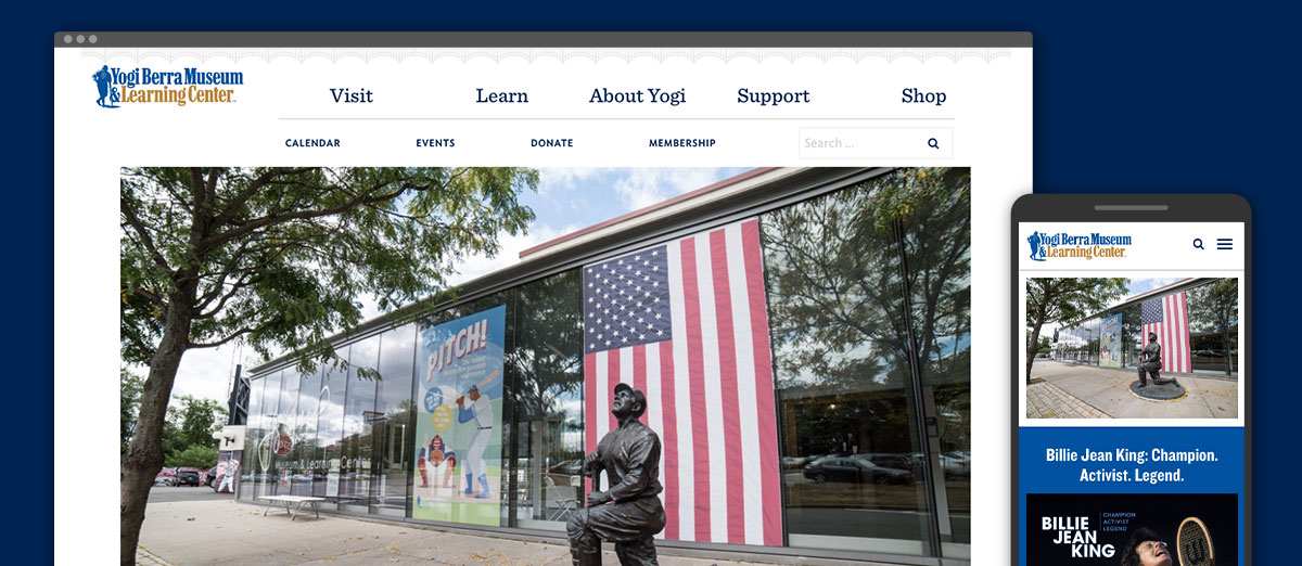 Yogi Berra Museum and Learning Center homepage on desktop and mobile.